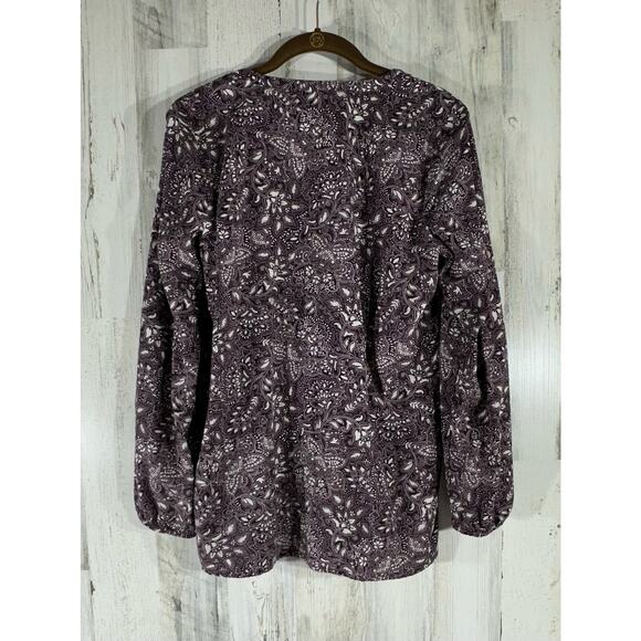 PureJill by J Jill Blouse Top Size Small Dark Plum Floral Notch Neck Pleated - Picture 2 of 9